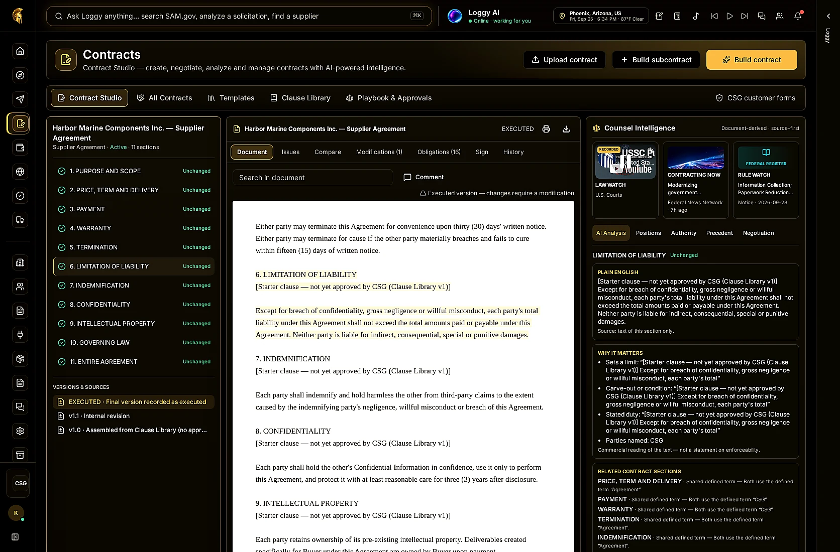 Real Loggy Contract Studio document and clause workspace
